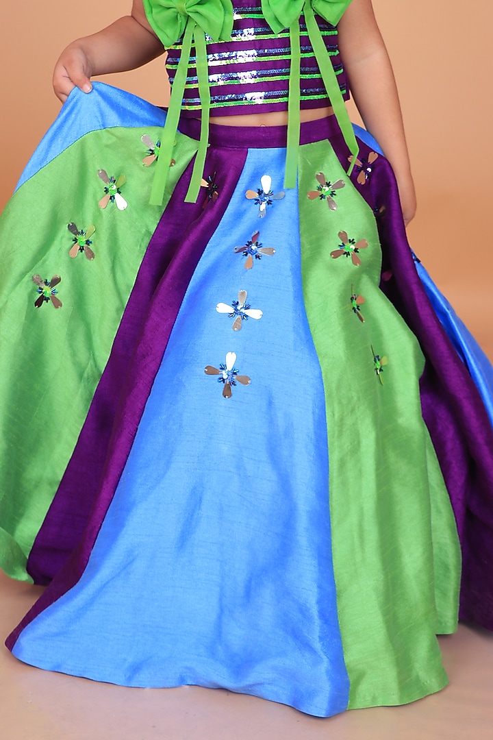 Multi-Colored Dupion Raw Silk Hand Embroidered Lehenga Set For Girls by TURQIDZ at Pernia's Pop Up Shop