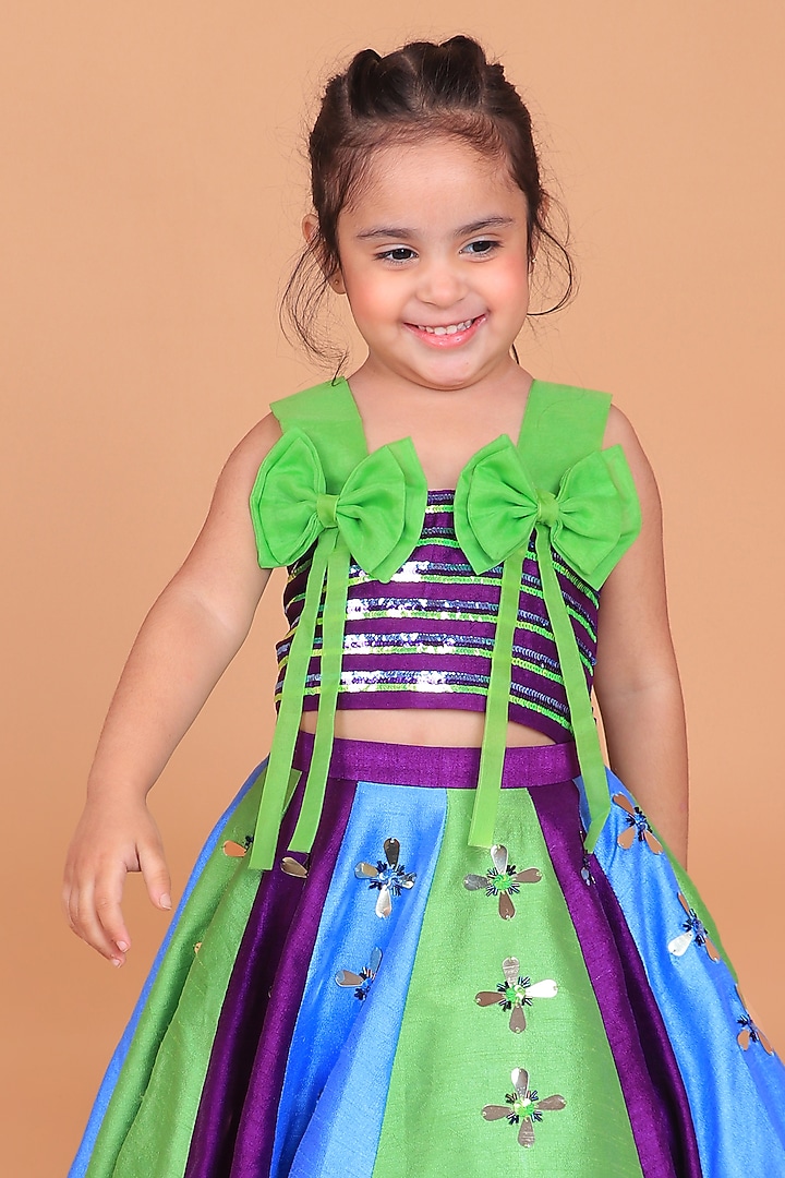 Multi-Colored Dupion Raw Silk Hand Embroidered Lehenga Set For Girls by TURQIDZ at Pernia's Pop Up Shop