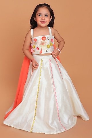 Off-White Dupion Raw Silk Hand Embroidered Lehenga Set For Girls by TURQIDZ