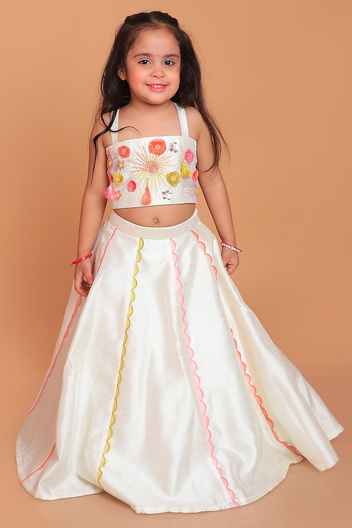 Off-White Dupion Raw Silk Hand Embroidered Lehenga Set For Girls by TURQIDZ at Pernia's Pop Up Shop