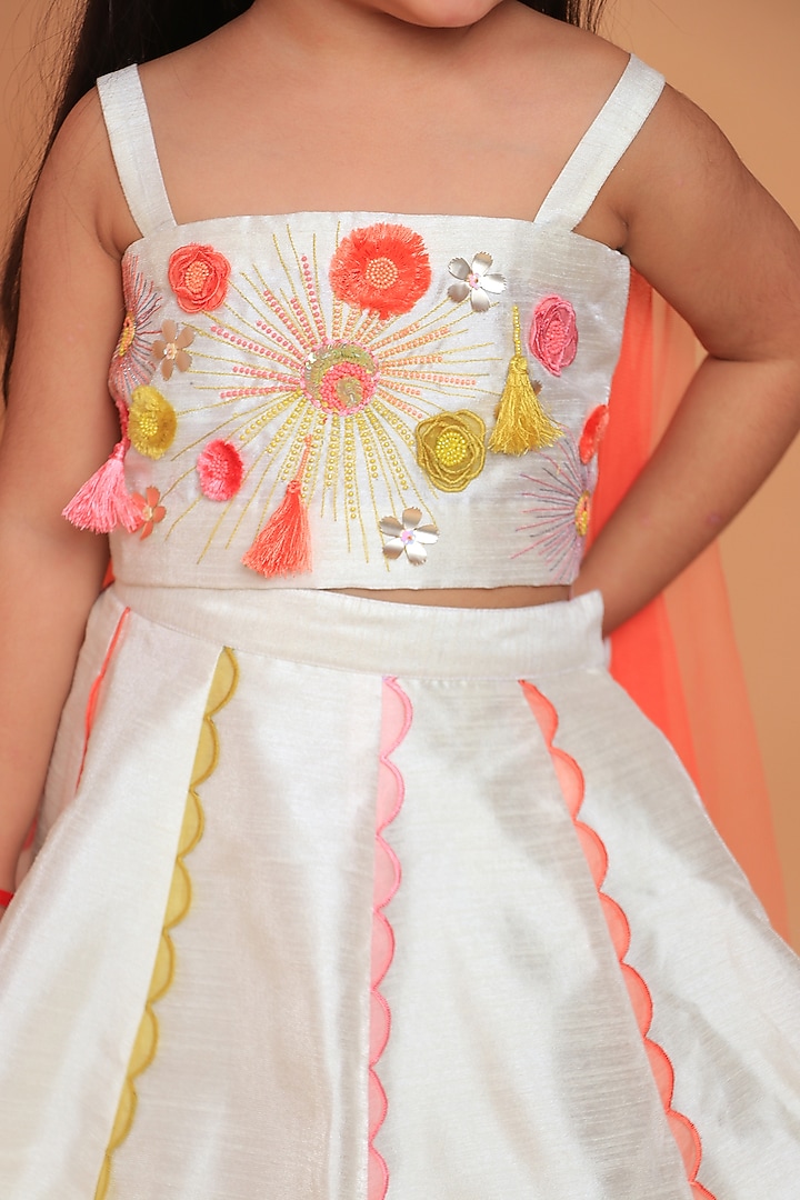 Off-White Dupion Raw Silk Hand Embroidered Lehenga Set For Girls by TURQIDZ at Pernia's Pop Up Shop