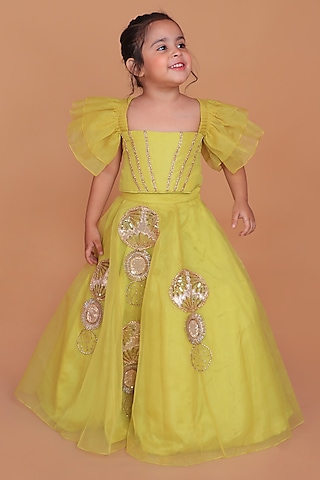 Greenish Yellow Organza & Upada Silk Hand Embroidered Lehenga Set For Girls by TURQIDZ