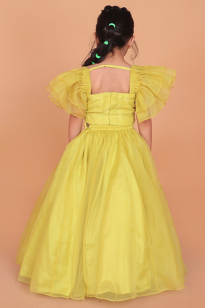 Greenish Yellow Organza & Upada Silk Hand Embroidered Lehenga Set For Girls by TURQIDZ at Pernia's Pop Up Shop