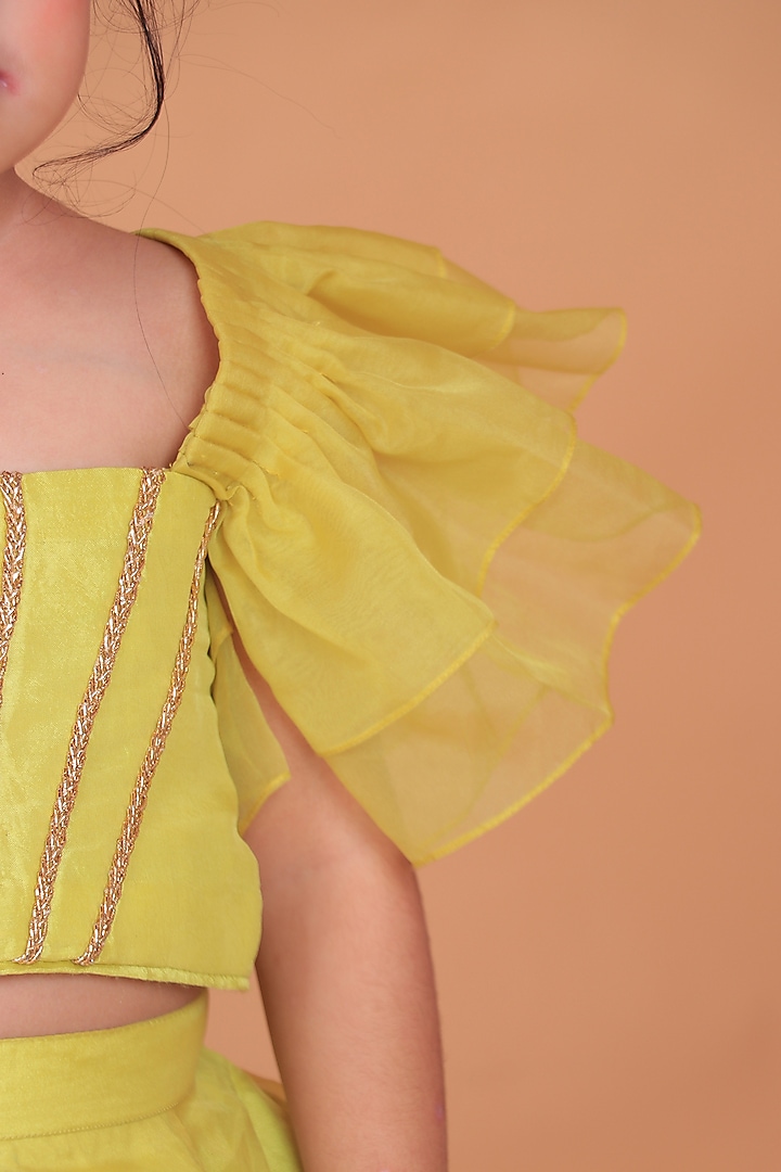Greenish Yellow Organza & Upada Silk Hand Embroidered Lehenga Set For Girls by TURQIDZ at Pernia's Pop Up Shop
