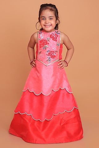Hot Pink & Red Dupion Raw Silk Sequins Hand Embroidered Layered Lehenga Set For Girls by TURQIDZ