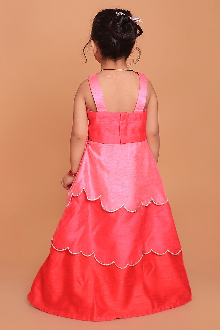 Hot Pink & Red Dupion Raw Silk Sequins Hand Embroidered Layered Lehenga Set For Girls by TURQIDZ at Pernia's Pop Up Shop