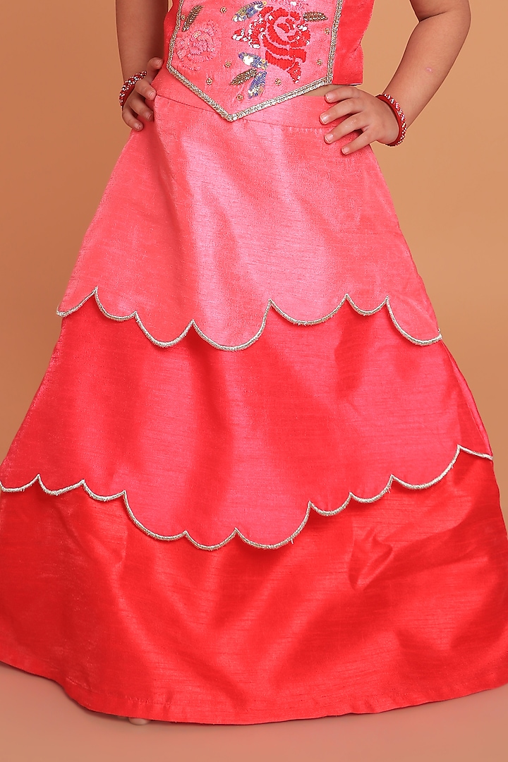 Hot Pink & Red Dupion Raw Silk Sequins Hand Embroidered Layered Lehenga Set For Girls by TURQIDZ at Pernia's Pop Up Shop