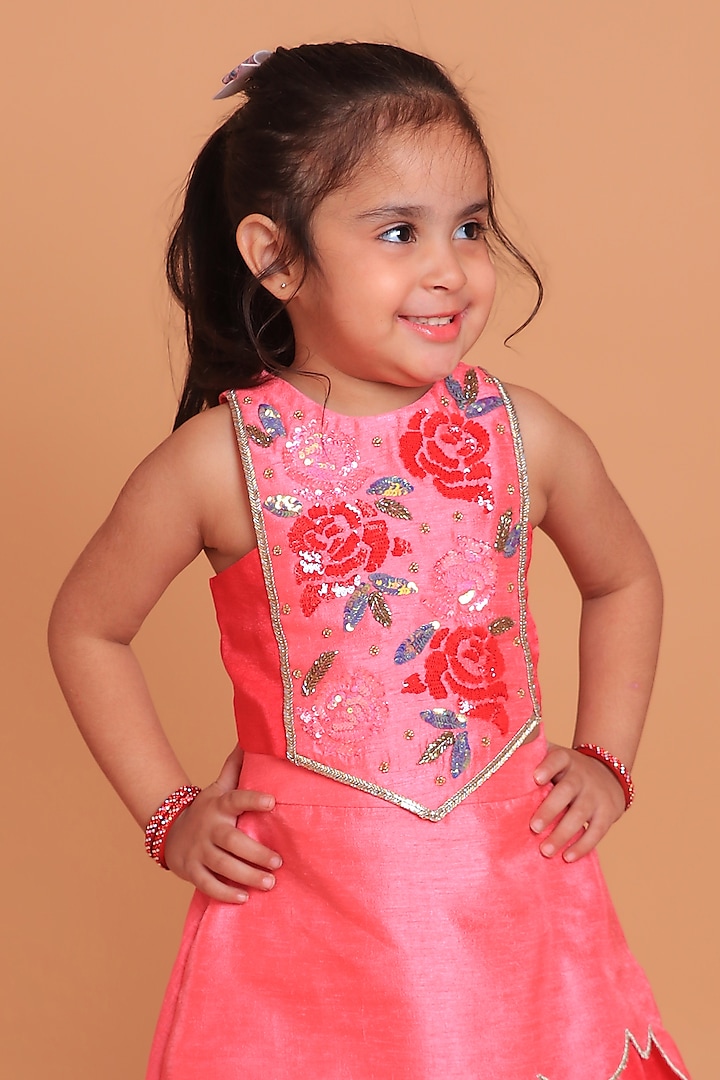 Hot Pink & Red Dupion Raw Silk Sequins Hand Embroidered Layered Lehenga Set For Girls by TURQIDZ at Pernia's Pop Up Shop