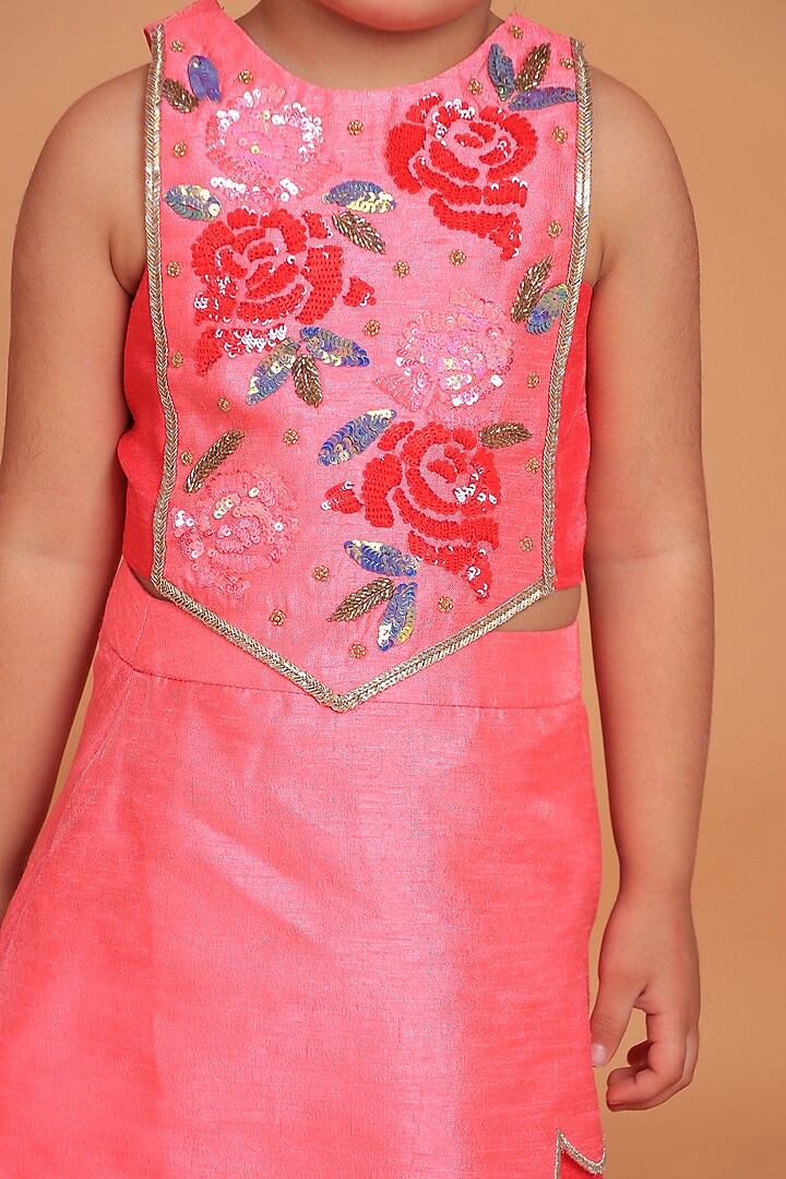 Hot Pink & Red Dupion Raw Silk Sequins Hand Embroidered Layered Lehenga Set For Girls by TURQIDZ at Pernia's Pop Up Shop