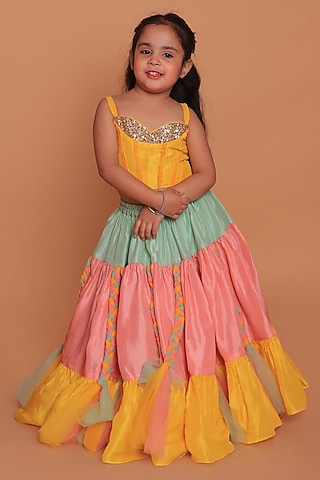Multi-Colored Upada Silk & Net Hand Embroidered Braided Lehenga Set For Girls by TURQIDZ