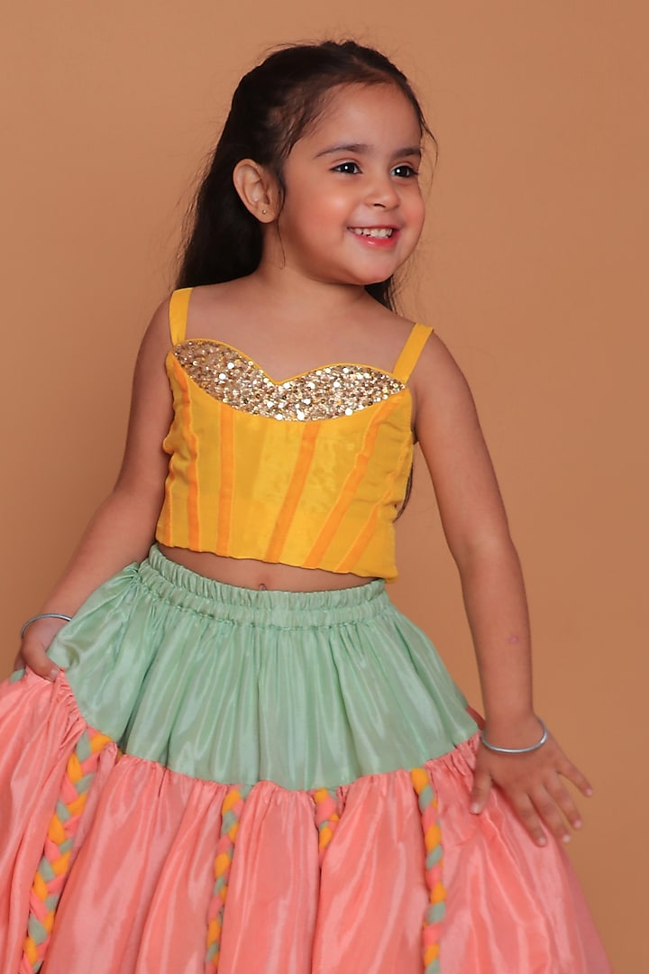 Multi-Colored Upada Silk & Net Hand Embroidered Braided Lehenga Set For Girls by TURQIDZ at Pernia's Pop Up Shop