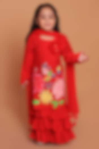 Red Chanderi Applique Embroidered Layered Sharara Set For Girls by TURQIDZ at Pernia's Pop Up Shop