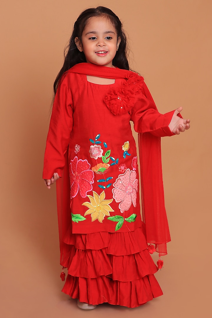 Red Chanderi Applique Embroidered Layered Sharara Set For Girls by TURQIDZ at Pernia's Pop Up Shop