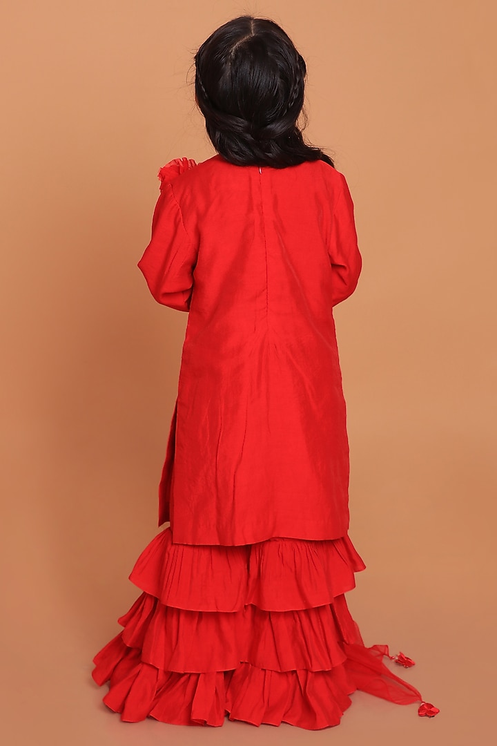 Red Chanderi Applique Embroidered Layered Sharara Set For Girls by TURQIDZ at Pernia's Pop Up Shop