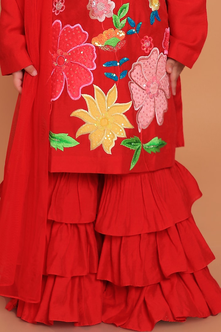Red Chanderi Applique Embroidered Layered Sharara Set For Girls by TURQIDZ at Pernia's Pop Up Shop