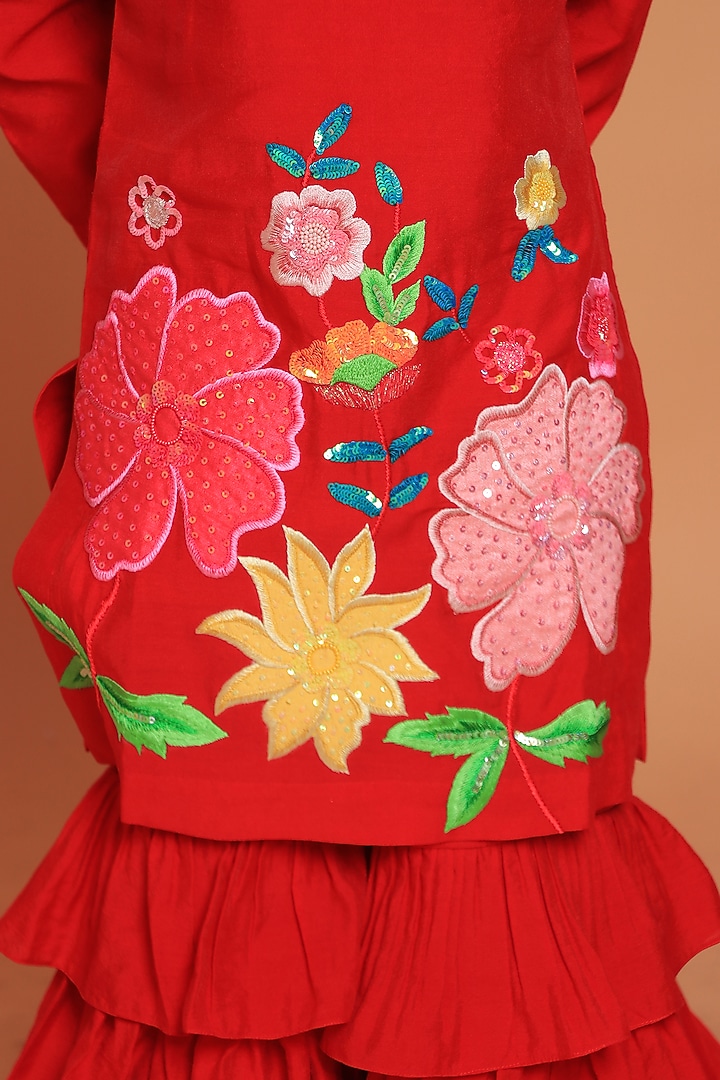 Red Chanderi Applique Embroidered Layered Sharara Set For Girls by TURQIDZ at Pernia's Pop Up Shop