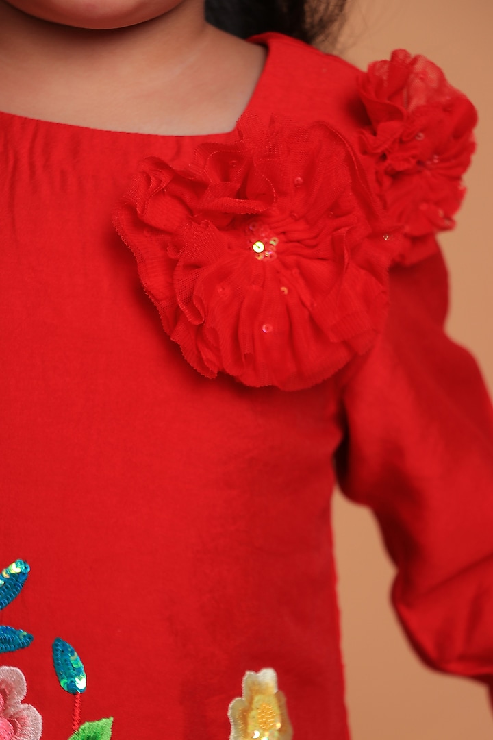 Red Chanderi Applique Embroidered Layered Sharara Set For Girls by TURQIDZ at Pernia's Pop Up Shop