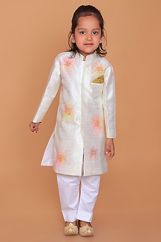 Off-White Dupion Raw Silk Hand Embroidered Sherwani Set For Boys by TURQIDZ