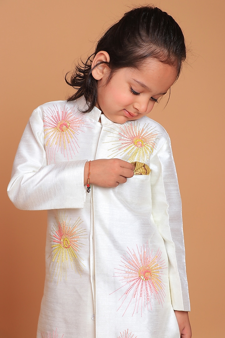 Off-White Dupion Raw Silk Hand Embroidered Sherwani Set For Boys by TURQIDZ at Pernia's Pop Up Shop