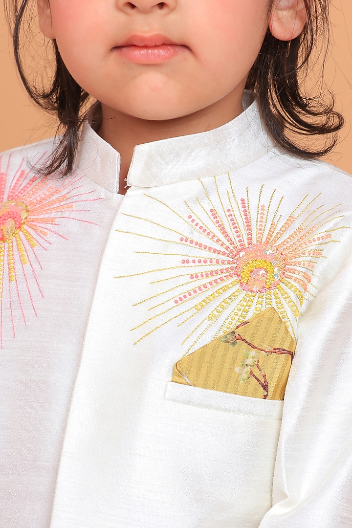 Off-White Dupion Raw Silk Hand Embroidered Sherwani Set For Boys by TURQIDZ at Pernia's Pop Up Shop