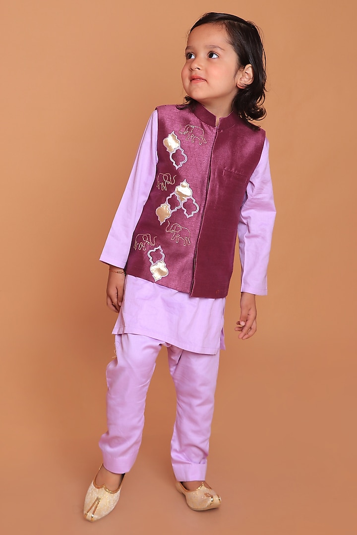 Purple Dupion Raw Silk Hand Embroidered Nehru Jacket Set For Boys by TURQIDZ