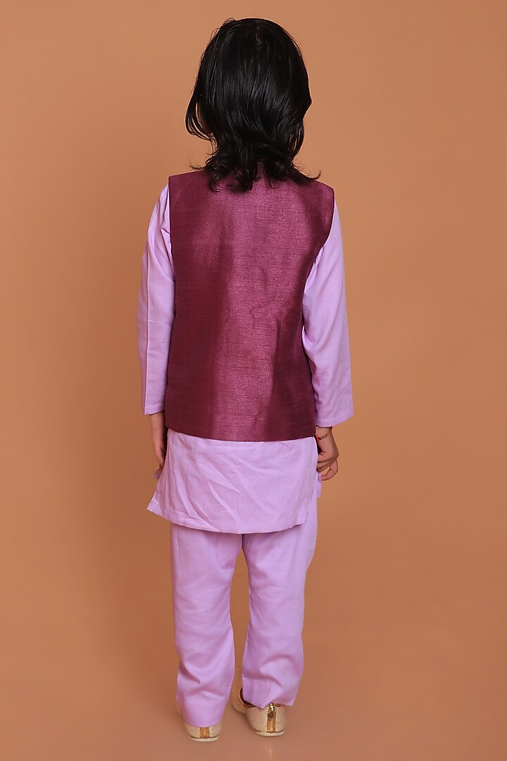 Purple Dupion Raw Silk Hand Embroidered Nehru Jacket Set For Boys by TURQIDZ at Pernia's Pop Up Shop