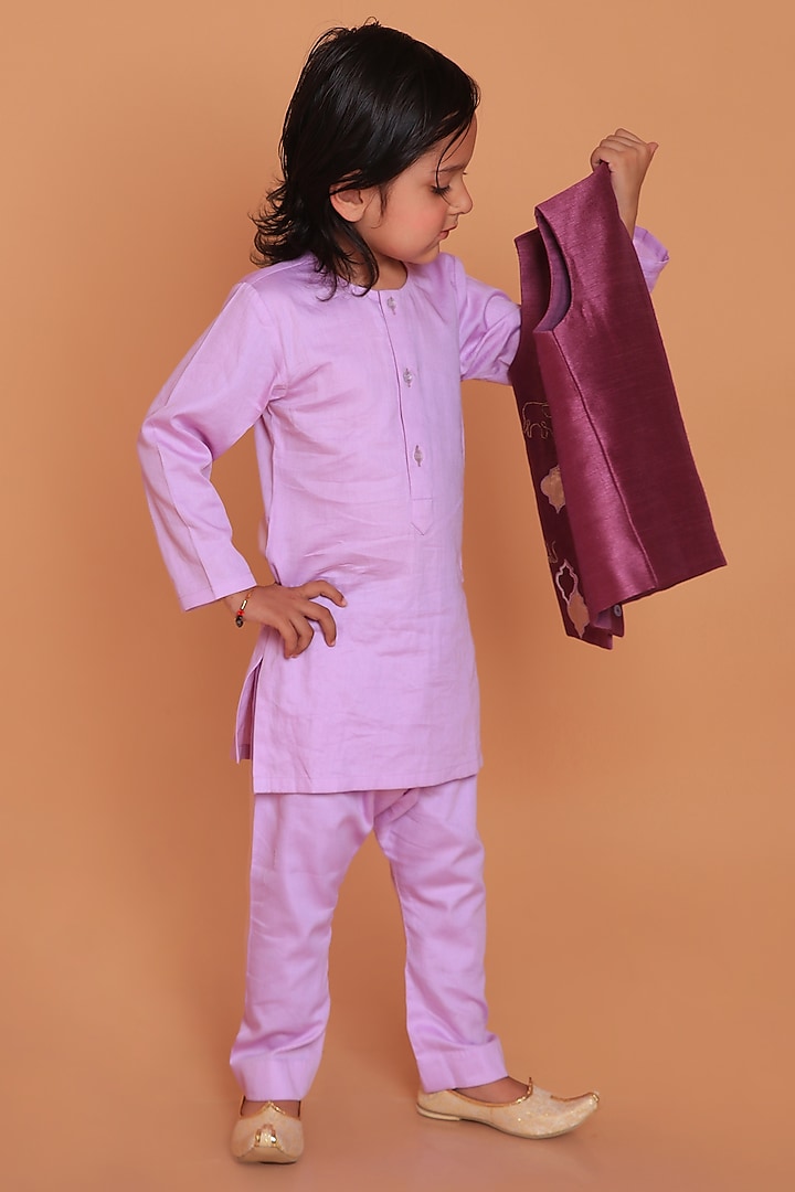Purple Dupion Raw Silk Hand Embroidered Nehru Jacket Set For Boys by TURQIDZ at Pernia's Pop Up Shop