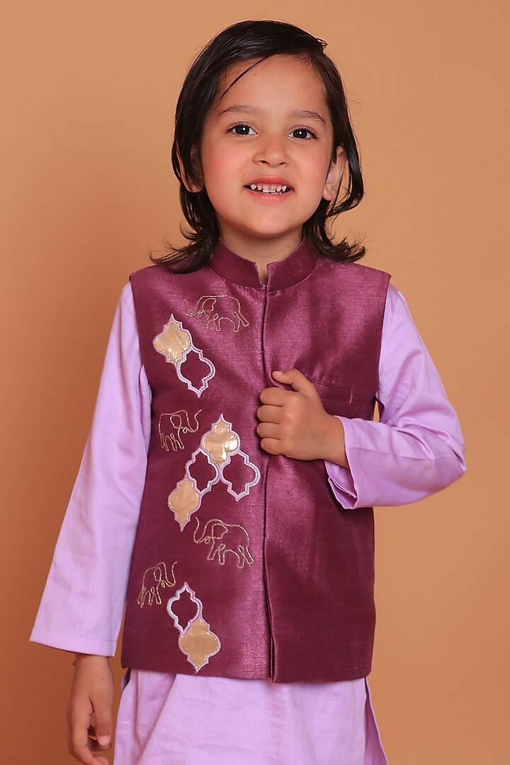 Purple Dupion Raw Silk Hand Embroidered Nehru Jacket Set For Boys by TURQIDZ at Pernia's Pop Up Shop