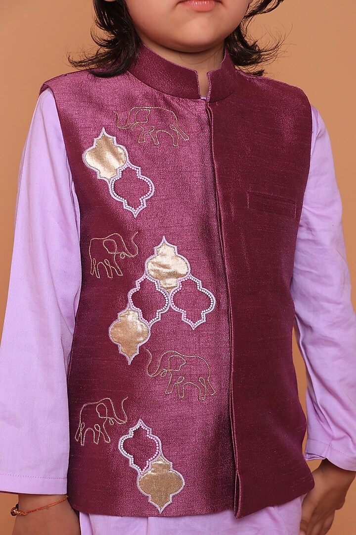 Purple Dupion Raw Silk Hand Embroidered Nehru Jacket Set For Boys by TURQIDZ at Pernia's Pop Up Shop