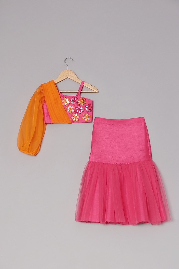 Hot Pink Dupion Silk & Net Lehenga Set For Girls by TURQIDZ at Pernia's Pop Up Shop