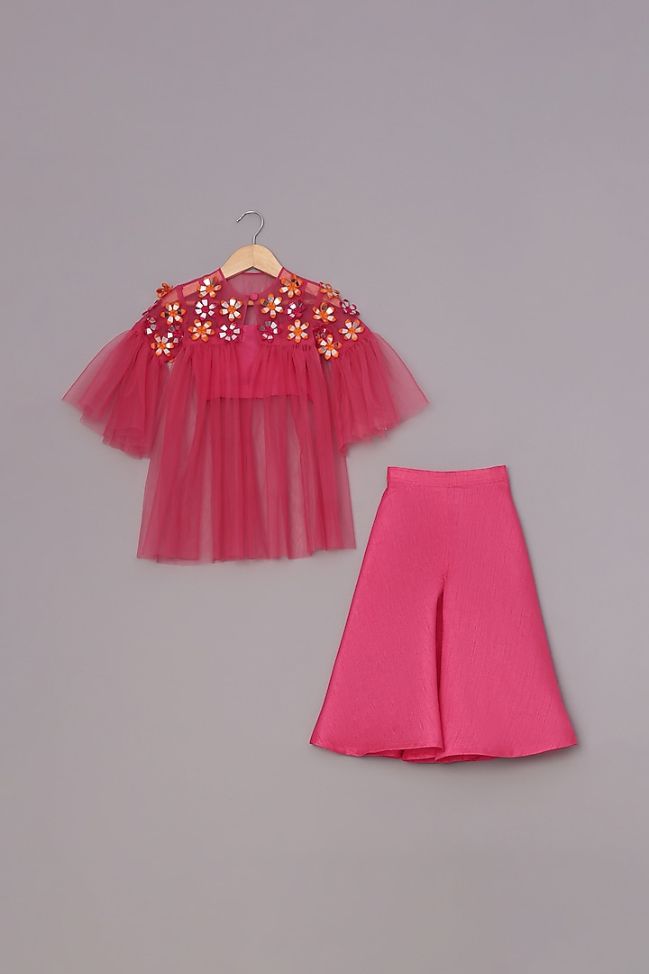 Hot Pink Dupion Silk & Camry Palazzo Pant Set For Girls by TURQIDZ at Pernia's Pop Up Shop