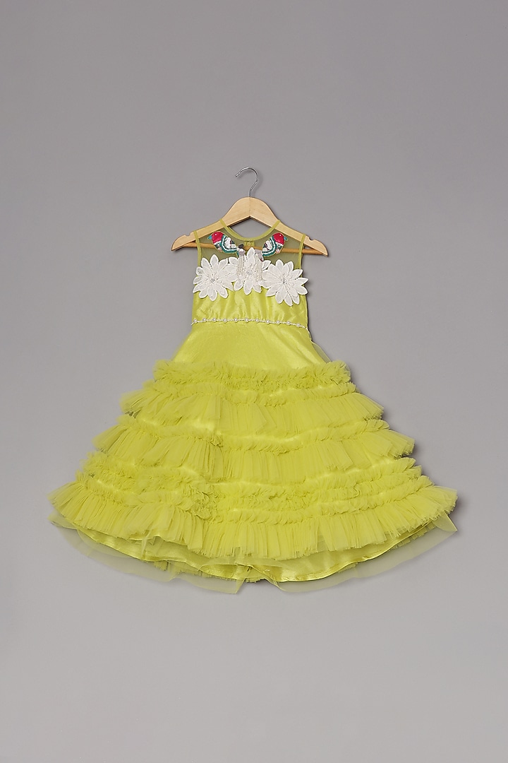 Yellow Dupion Silk & Net Embroidered Ruffled Dress For Girls by TURQIDZ at Pernia's Pop Up Shop