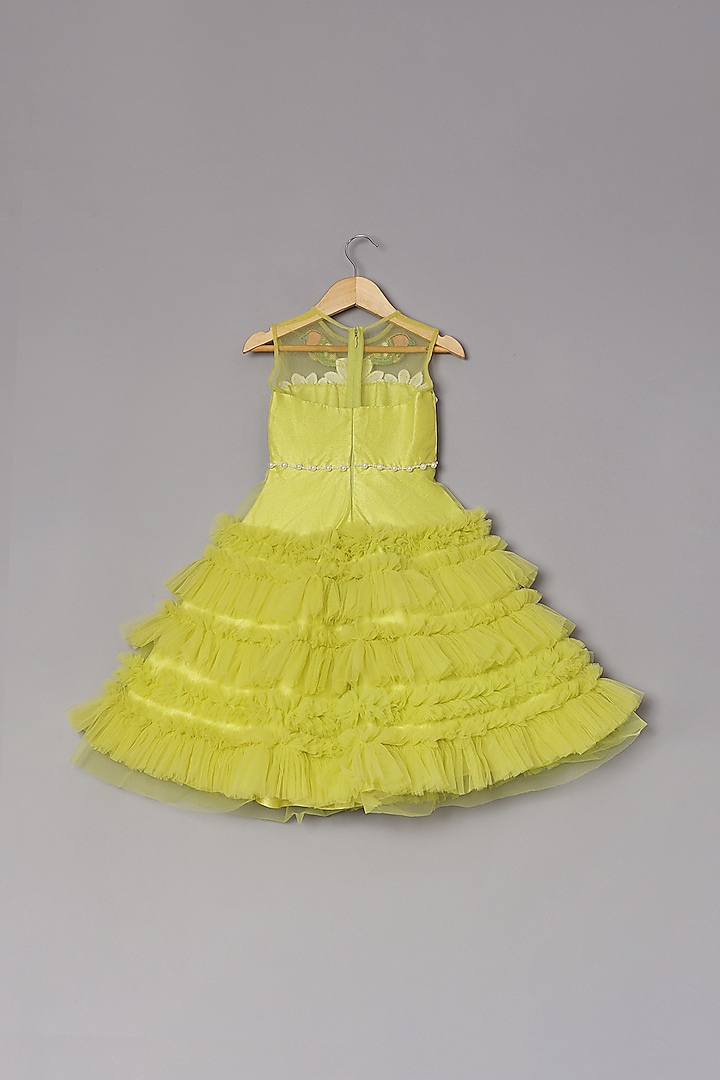 Yellow Dupion Silk & Net Embroidered Ruffled Dress For Girls by TURQIDZ at Pernia's Pop Up Shop