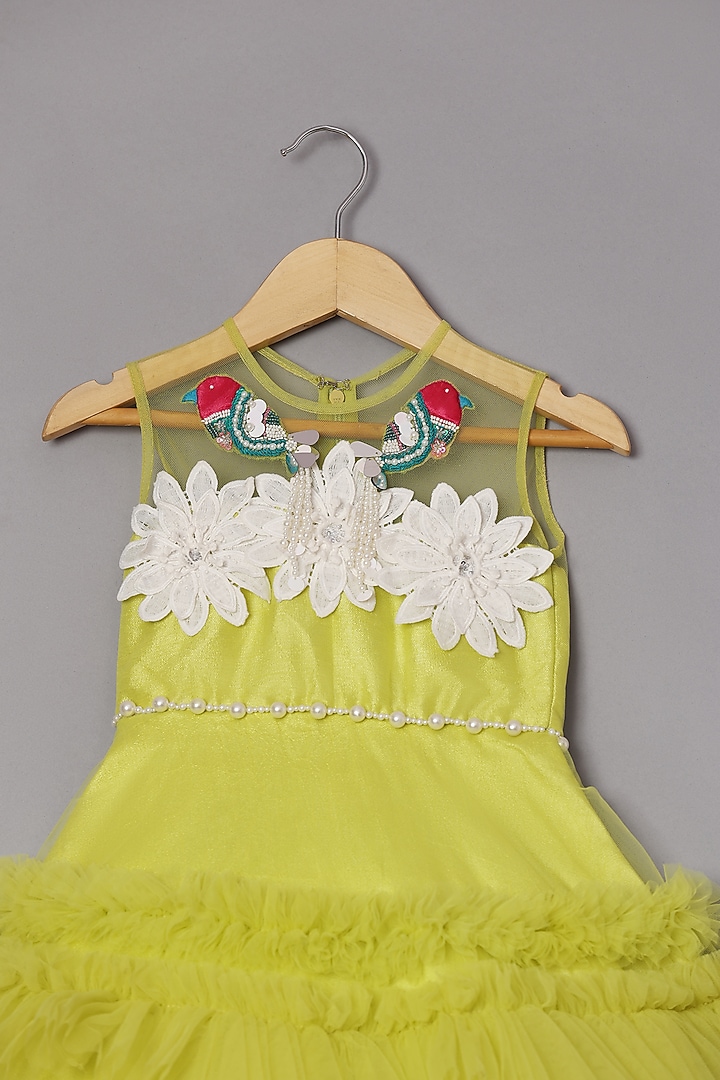Yellow Dupion Silk & Net Embroidered Ruffled Dress For Girls by TURQIDZ at Pernia's Pop Up Shop