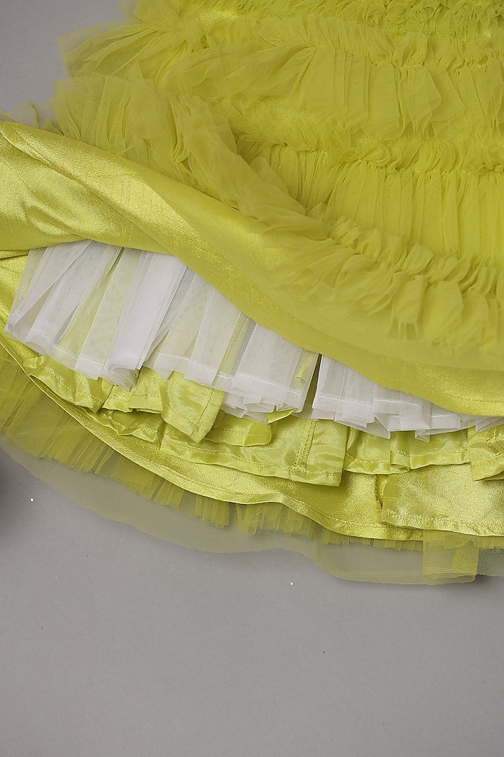Yellow Dupion Silk & Net Embroidered Ruffled Dress For Girls by TURQIDZ at Pernia's Pop Up Shop