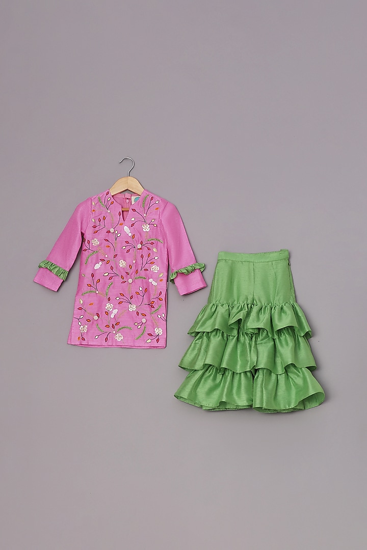 Pink Dupion Silk Embroidered Kurta Set For Girls by TURQIDZ at Pernia's Pop Up Shop