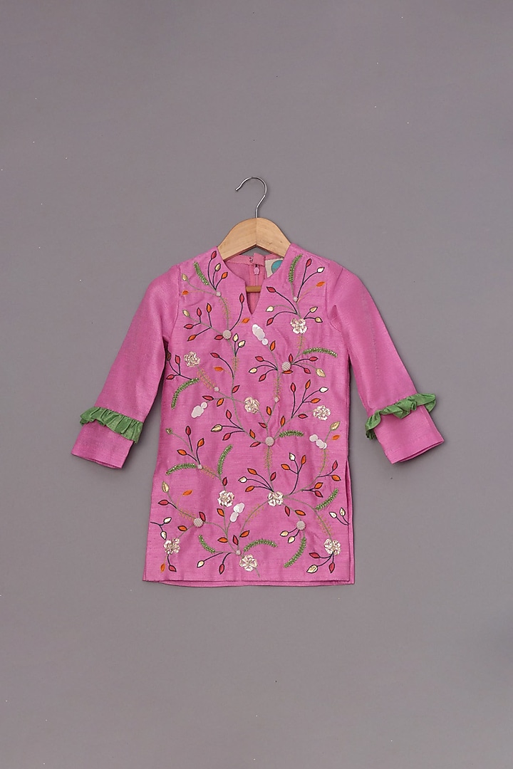 Pink Dupion Silk Embroidered Kurta Set For Girls by TURQIDZ at Pernia's Pop Up Shop