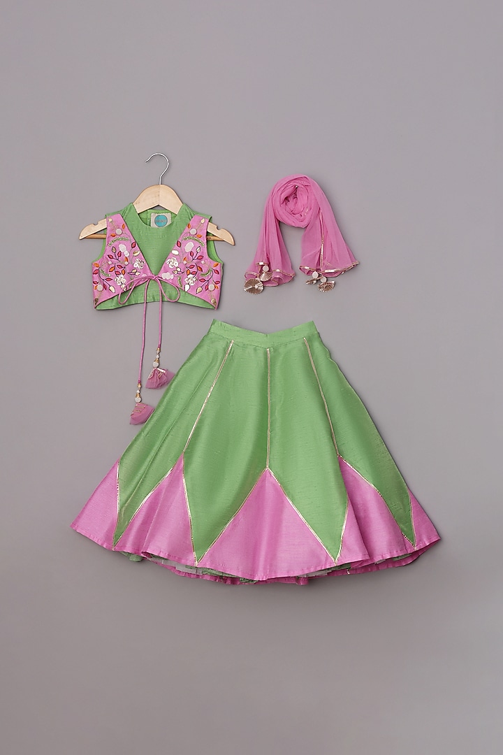 Green & Pink Dupion Silk Lehenga Set For Girls by TURQIDZ at Pernia's Pop Up Shop