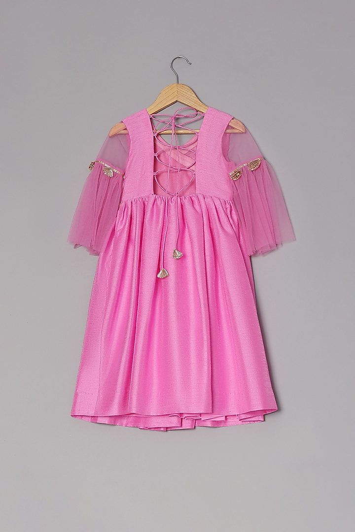 Pink Dupion Silk Embroidered Angrakha Anarkali Set For Girls by TURQIDZ at Pernia's Pop Up Shop