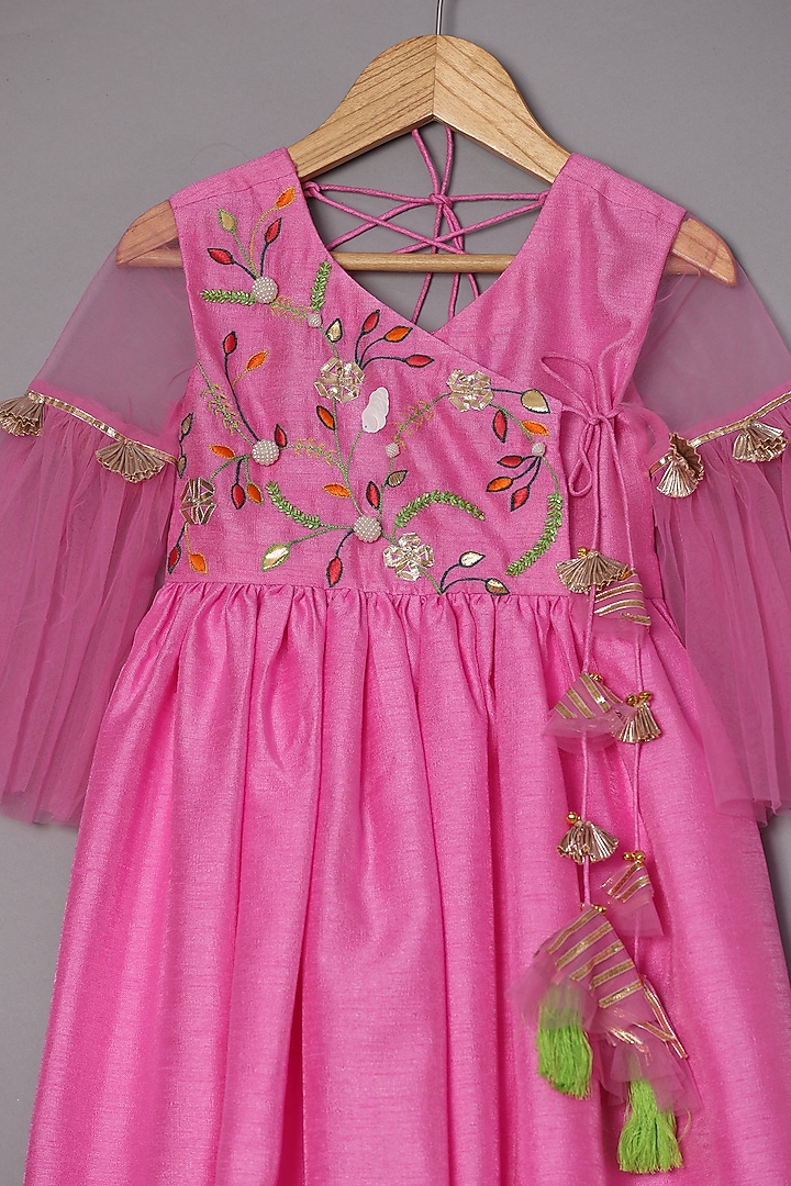 Pink Dupion Silk Embroidered Angrakha Anarkali Set For Girls by TURQIDZ at Pernia's Pop Up Shop