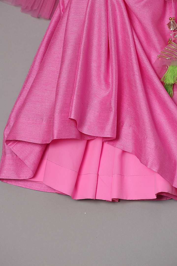 Pink Dupion Silk Embroidered Angrakha Anarkali Set For Girls by TURQIDZ at Pernia's Pop Up Shop