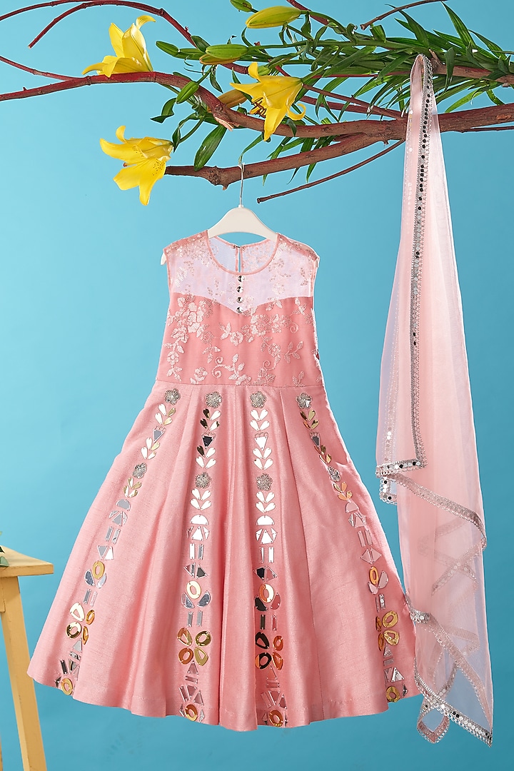 Pink Dupion Silk Embroidered Anarkali Set For Girls by TURQIDZ
