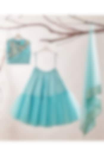 Blue Dupion Silk Frilled Lehenga Set For Girls by TURQIDZ