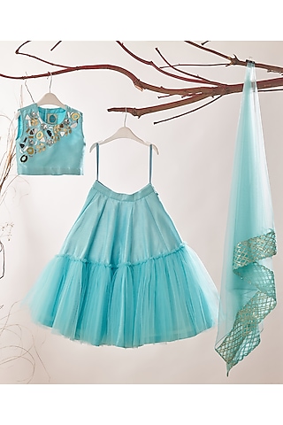 Blue Dupion Silk Frilled Lehenga Set For Girls by TURQIDZ