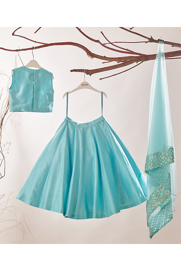 Blue Dupion Silk Frilled Lehenga Set For Girls by TURQIDZ at Pernia's Pop Up Shop