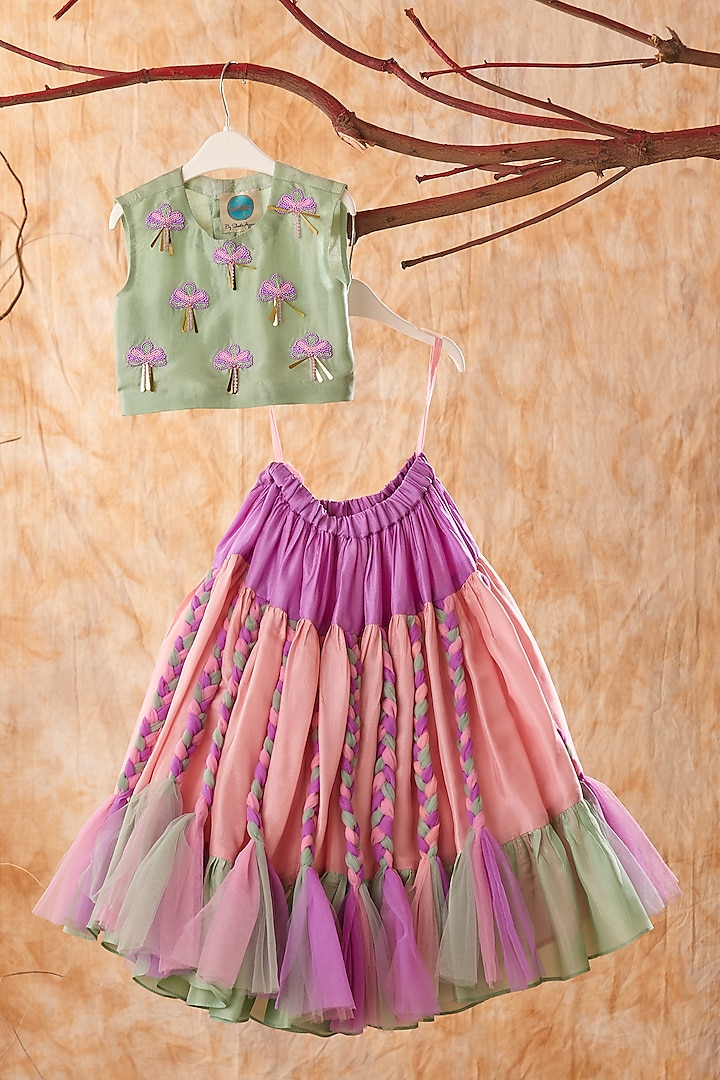 Multi-Colored Upada Silk & Net Lehenga Set For Girls by TURQIDZ