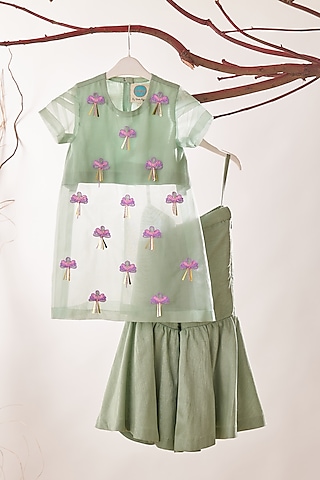 Sage Green Cambric & Dupion Silk Sharara Set For Girls by TURQIDZ
