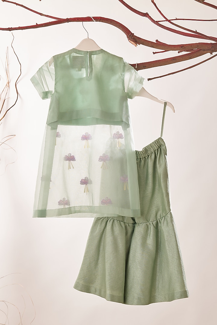 Sage Green Cambric & Dupion Silk Sharara Set For Girls by TURQIDZ at Pernia's Pop Up Shop