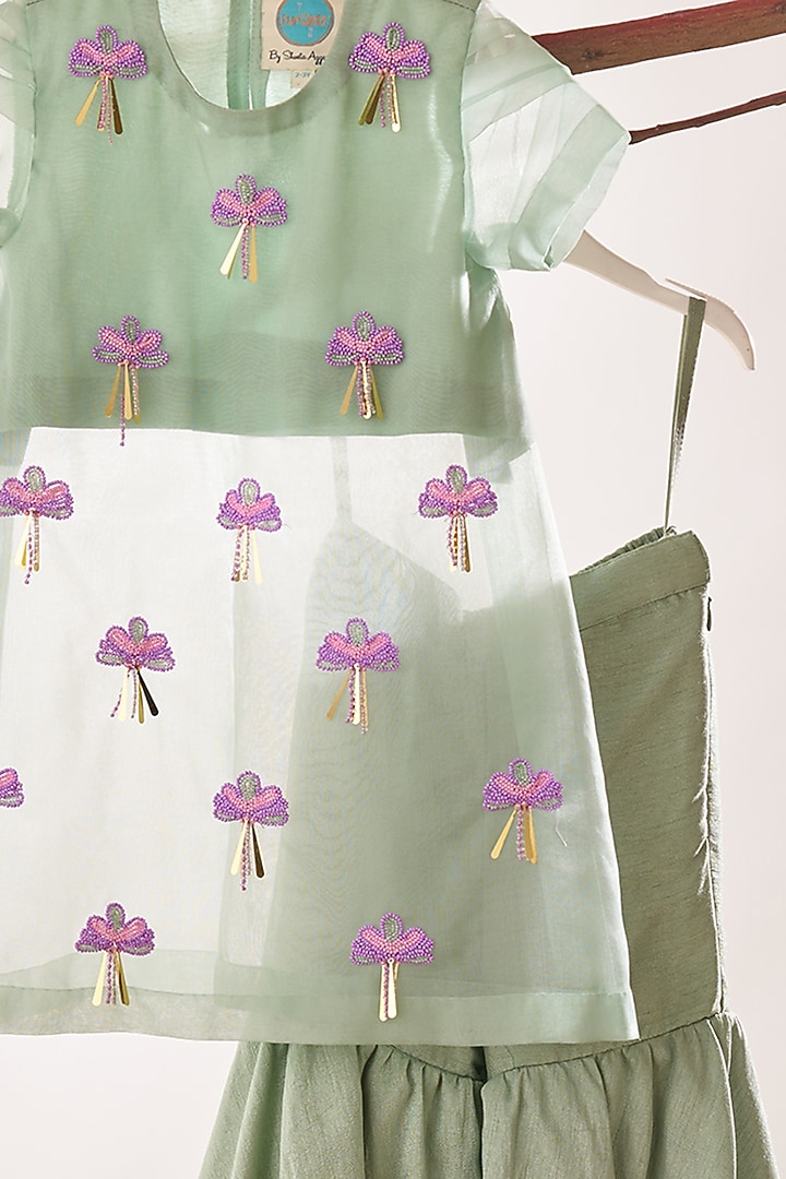 Sage Green Cambric & Dupion Silk Sharara Set For Girls by TURQIDZ at Pernia's Pop Up Shop