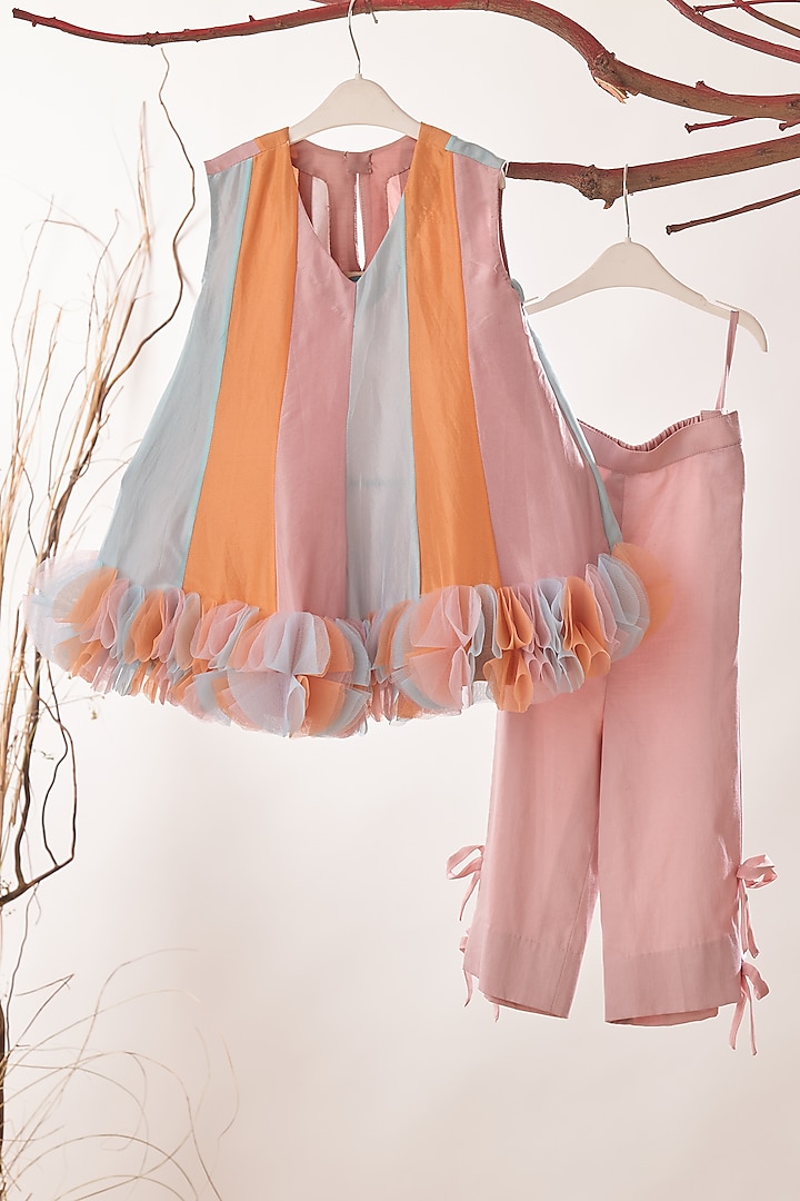 Pink Upada Silk & Cotton Satin Pant Set For Girls by TURQIDZ